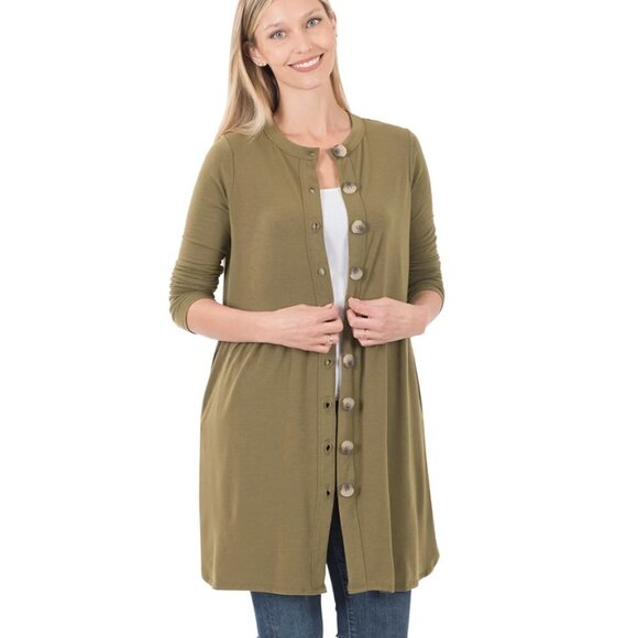 Zenana Shirred Waist Buttoned Cardigan Olive Green - Picture 2 of 12